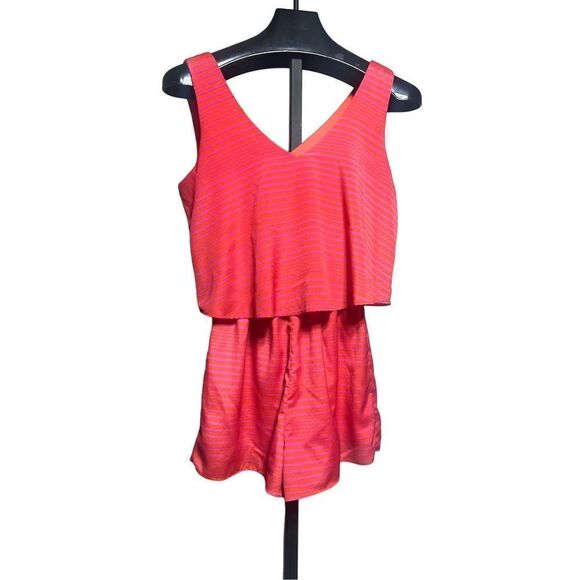 The Impeccable Pig Sleeveless Silky Striped Romper Size Small Pink and Orange - Picture 2 of 4